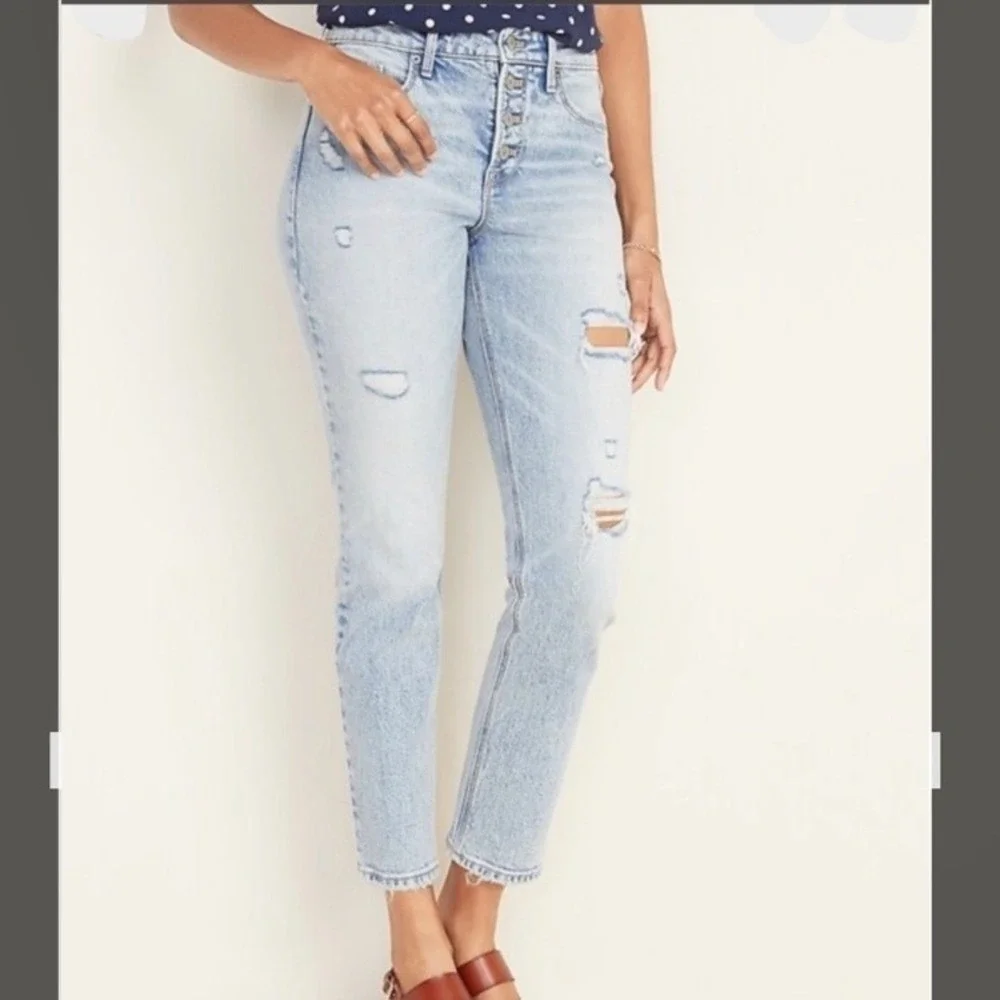 Old Navy‎ Power Slim Straight Hi-Rise Jeans sz 12 distressed buttons fly festive